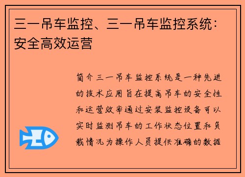 三一吊车监控、三一吊车监控系统：安全高效运营