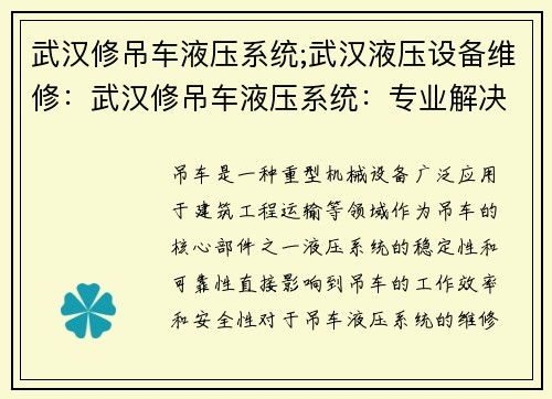 武汉修吊车液压系统;武汉液压设备维修：武汉修吊车液压系统：专业解决高效作业的关键