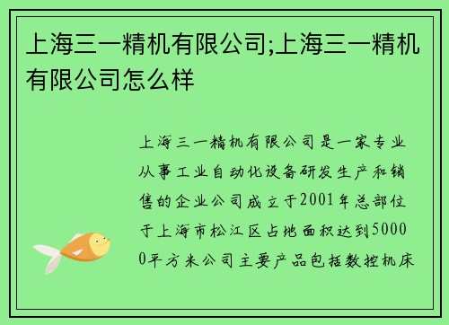 上海三一精机有限公司;上海三一精机有限公司怎么样